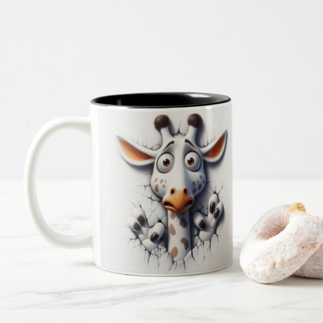 3D Scared Giraffe Funny Animals  Two-Tone Coffee Mug (With Donut)