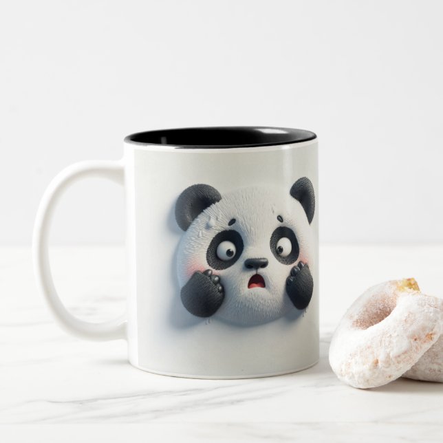 3D Scared Panda Bear Funny Animals  Two-Tone Coffee Mug (With Donut)