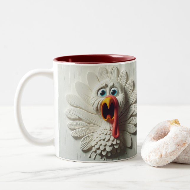 3D Scared Turkey Funny Animals  Two-Tone Coffee Mug (With Donut)
