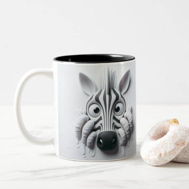 3D Scared Zebra Funny Animals  Two-Tone Coffee Mug (With Donut)