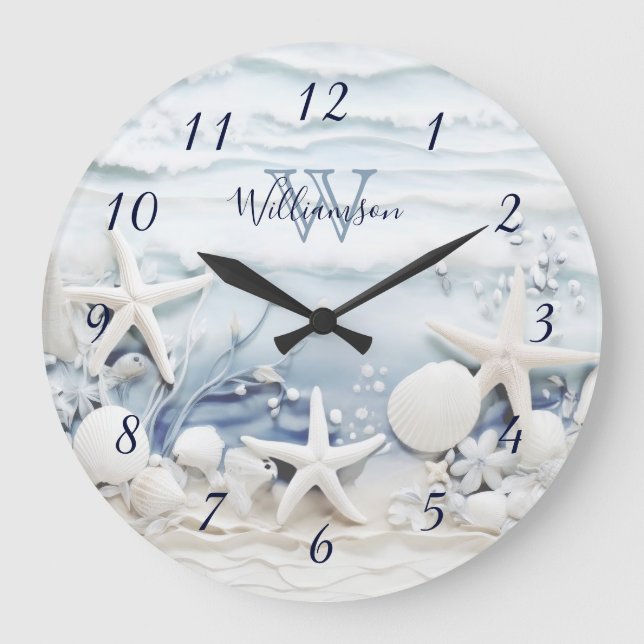 3D Sea Stars And Shells | Coastal  Monogram Large Clock (Front)