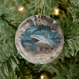 3D Shark Attack Christmas Ceramic Ornament