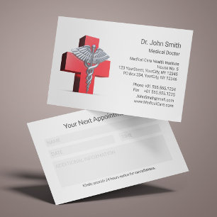 3D Silver Caduceus Cross Red Medical Appointment Card