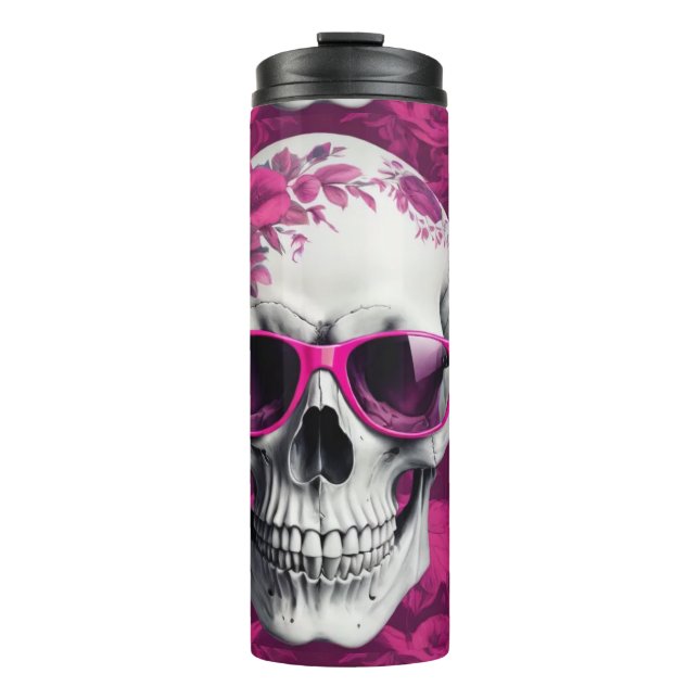 3D skull with fuchsia floral design & sunglasses Thermal Tumbler (Front)