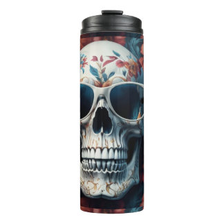 3D skull with peach floral design and sunglasses Thermal Tumbler
