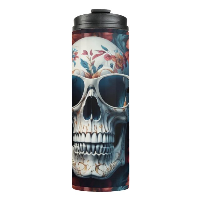 3D skull with peach floral design and sunglasses Thermal Tumbler (Front)