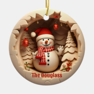 3D Snowman with Santa Hat Ceramic Ornament