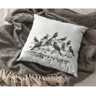 3D Songbirds Swirling Staff Throw Pillow