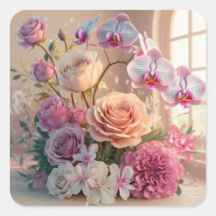 3D Spring Flowers Greeting Card with Roses Square Sticker