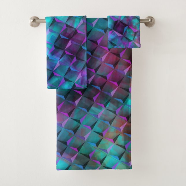 3D squares stained blue lilac to pink or triangles Bath Towel Set (Insitu)