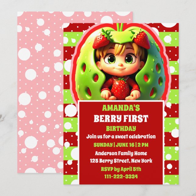 3D Strawberry Berry First Birthday Party  Invitation (Front/Back)