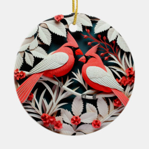 3D Style Cardinal Bird Country Christmas Holiday Ceramic Ornament