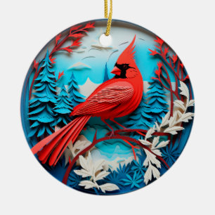 3D Style Cardinal Birds Country Christmas Holiday Ceramic Ornament