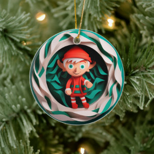 3D Style Elf Christmas Holiday Ceramic Ornament