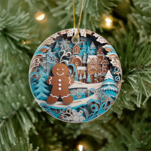 3D Style Gingerbread Man, House Christmas Holiday Ceramic Ornament