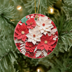 3D Style Poinsettia Flowers Christmas Holiday Ceramic Ornament