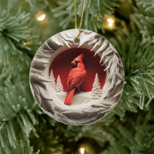 3D Style Red Cardinal Bird Christmas Holiday Ceramic Ornament