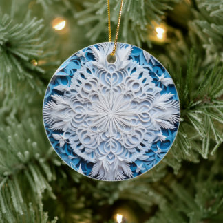3D Style White & Blue Snowflake Christmas Holiday Ceramic Ornament