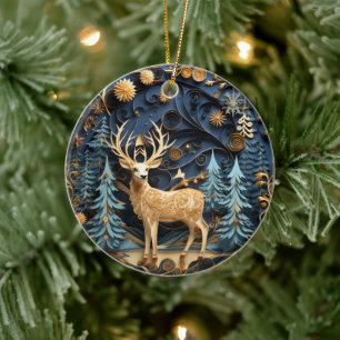 3D Style Winter Gold Deer Buck Christmas Holiday Ceramic Ornament