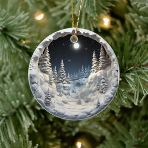 3D Style Winter Night Christmas Holiday Ceramic Ornament