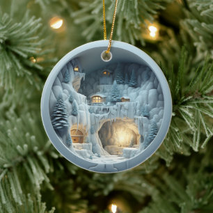 3D Style Winter Night Christmas Holiday Ceramic Ornament