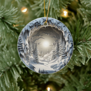 3D Style Winter Night Christmas Holiday Ceramic Ornament