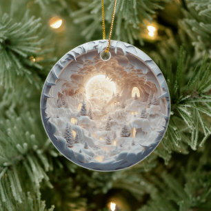 3D Style Winter Snow Cave Christmas Holiday Ceramic Ornament
