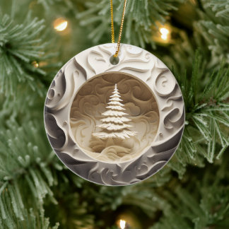 3D Style Winter Tree Christmas Holiday Ceramic Ornament