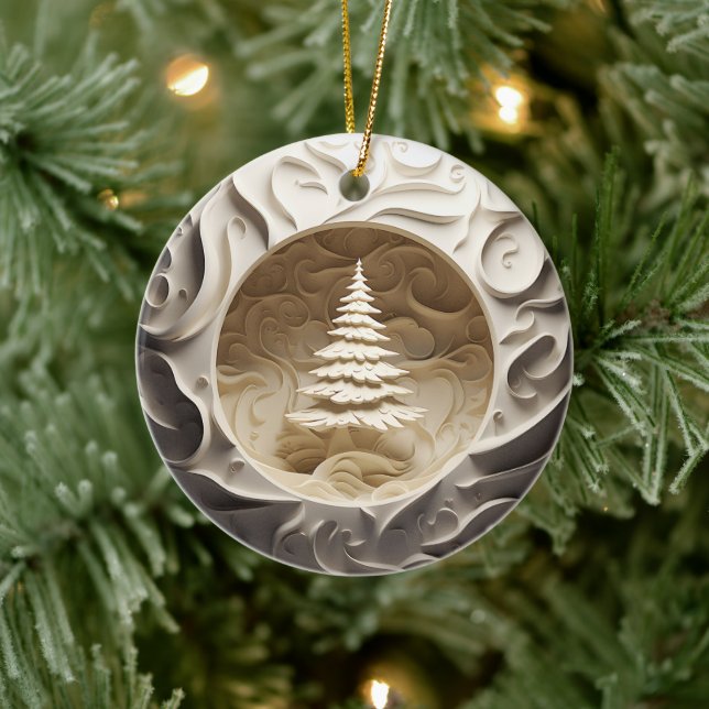 3D Style Winter Tree Christmas Holiday Ceramic Ornament (Tree)