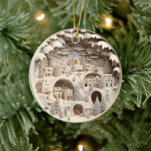 3D Style Winter Village Christmas Holiday Ceramic Ornament