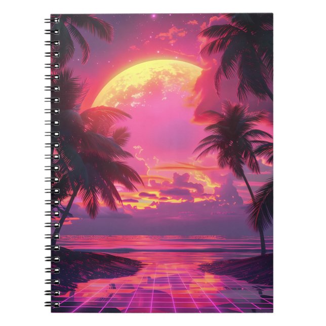 3d sunset on the beach. Retro palms  Notebook (Front)