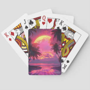 3d sunset on the beach. Retro palms Playing Cards