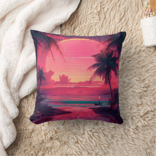 3d sunset on the beach. Retro palms  Throw Pillow