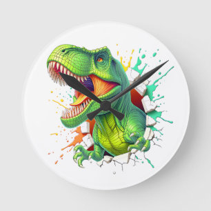 3D T-Rex Dinosaur Wall Smash Boys Kids T-Shirt Round Clock
