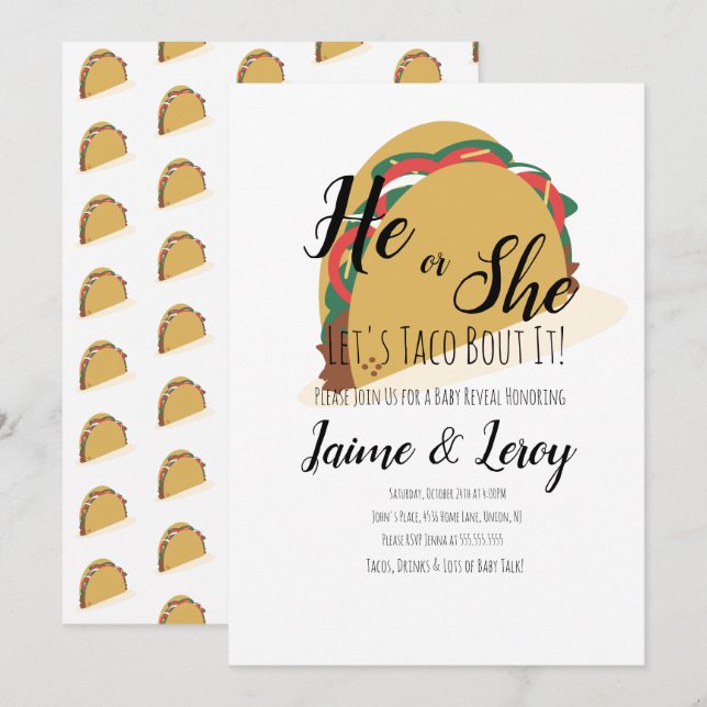 3D Taco Party Genre Révéler Lui ou Elle Invitation (Devant / Derrière)