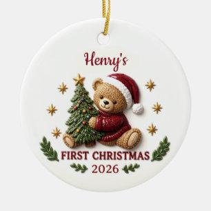 3D Teddy Bear Baby 1st Christmas Tree Ceramic Ornament