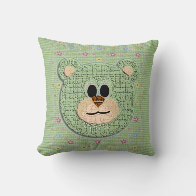 3D Teddy Bear Checks and Florals Throw Pillow (Front)