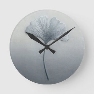 ⁠3D Textured Embroidery Ginkgo Leaf Blue Grey⁠ Round Clock