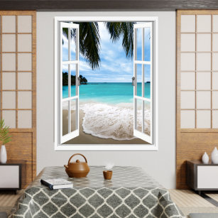 3D Tropical Sea And Beach Window View Poster