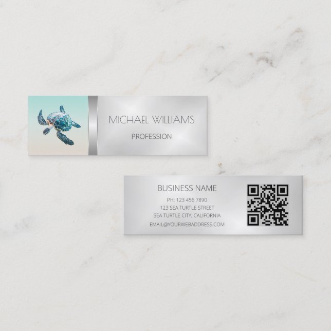 3D Turtle QR Code Beach Style Mini Business Card (Front/Back)