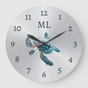 3D Turtle Silver Monogram Large Clock