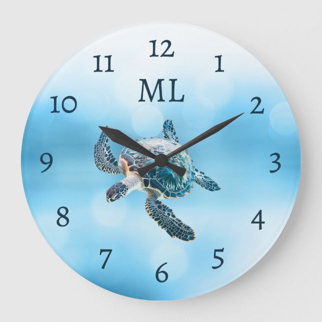 3D Turtle Silver Monogram Large Clock (Front)