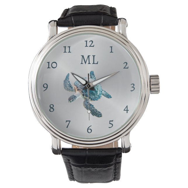 3D Turtle Silver Monogram Watch (Front)
