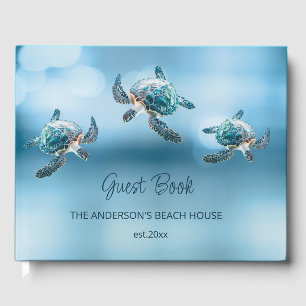 3D Turtle Turquoise Coastal Beach House Guest Book