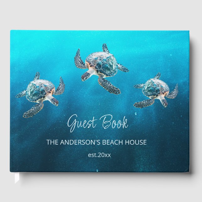 3D Turtle Turquoise Coastal Beach House Guest Book (Front)