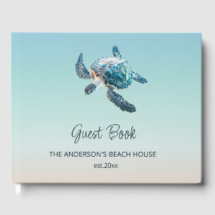 3D Turtle Turquoise Coastal Beach House Guest Book