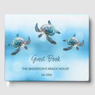 3D Turtle Turquoise Coastal Beach House Guest Book