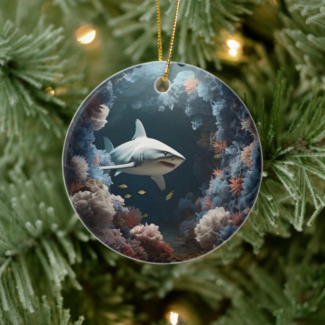 3D Underwater Shark Christmas Ceramic Ornament (Tree)