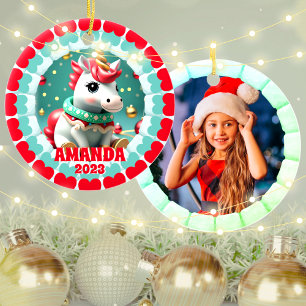 3D Unicorn Christmas Custom Kids Photo Ceramic Ornament
