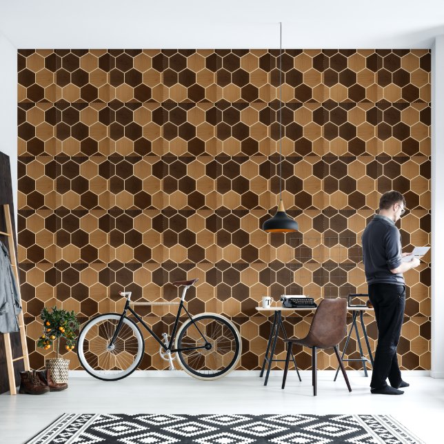 3D ustic Wood Hexagon Panels Wallpaper (Living Room)